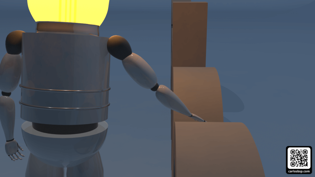 Robot con la luz encendida y acariciando las letras