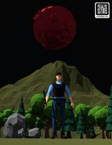 Render de un hombre el cual tiene un bosque y una montaña detrás. De fondo, una luna roja.