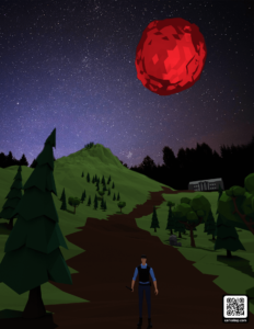 Render de un hombre el cual tiene una colina con árboles detrás. De fondo, una luna roja.