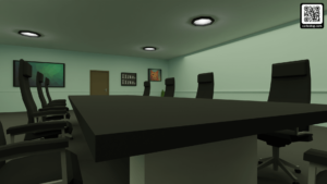 Render de la mesa de presentaciones de la oficina