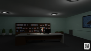 Render del jefe sentado en su oficina, en la oficina